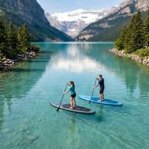 Two people paddling on SUP boards on calm turquoise water seen from a drone